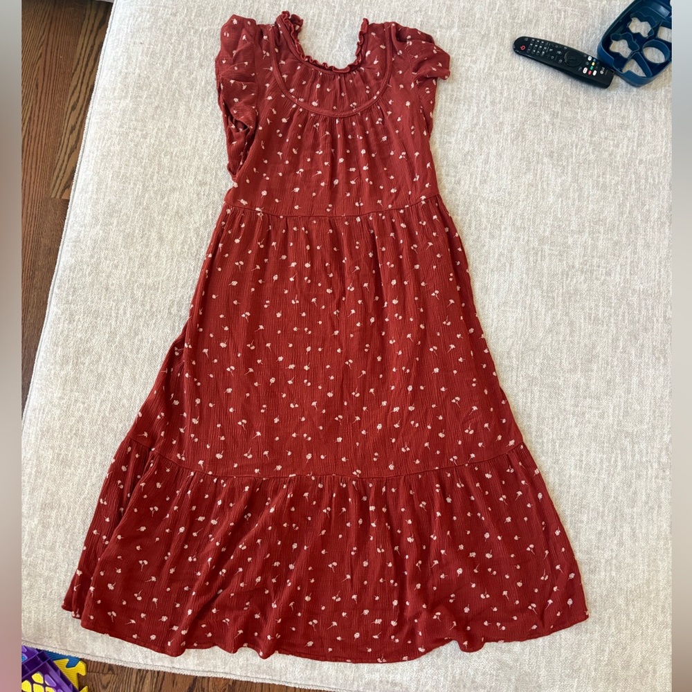 Cottagecore XS Rust Red Floral Tiered Casual Dress